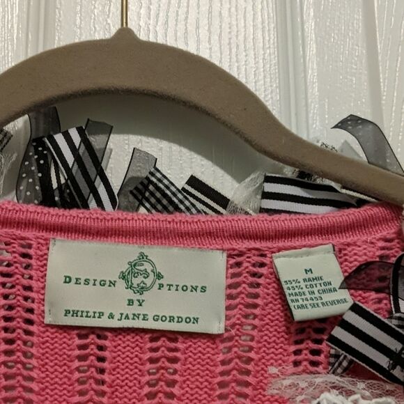 Design Options by Philip & Jane Gordon pink ribbon accent cardigan Sz M EUC - Picture 3 of 5